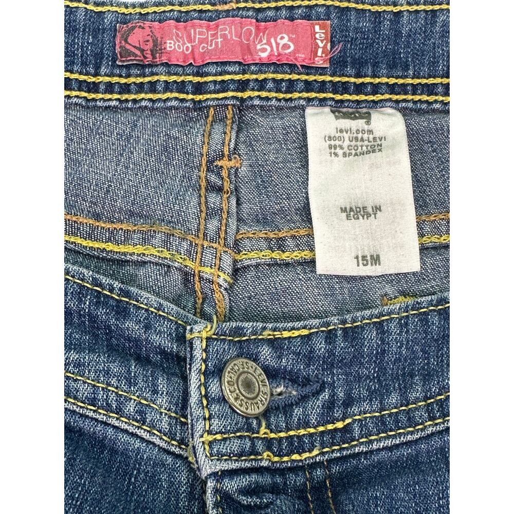 Levi’s 518 Superlow Bootcut Jeans Blue Wash Yellow Stitching Juniors 15M - Picture 5 of 14